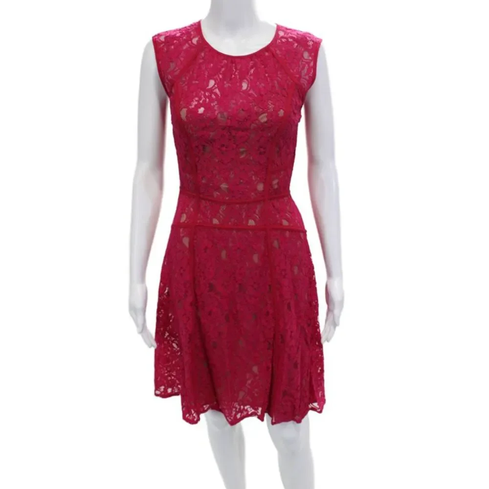 BCBGMAXAZRIA Women Fit & Flare Red Floral Sleeveless Knee Length Dress Size XS